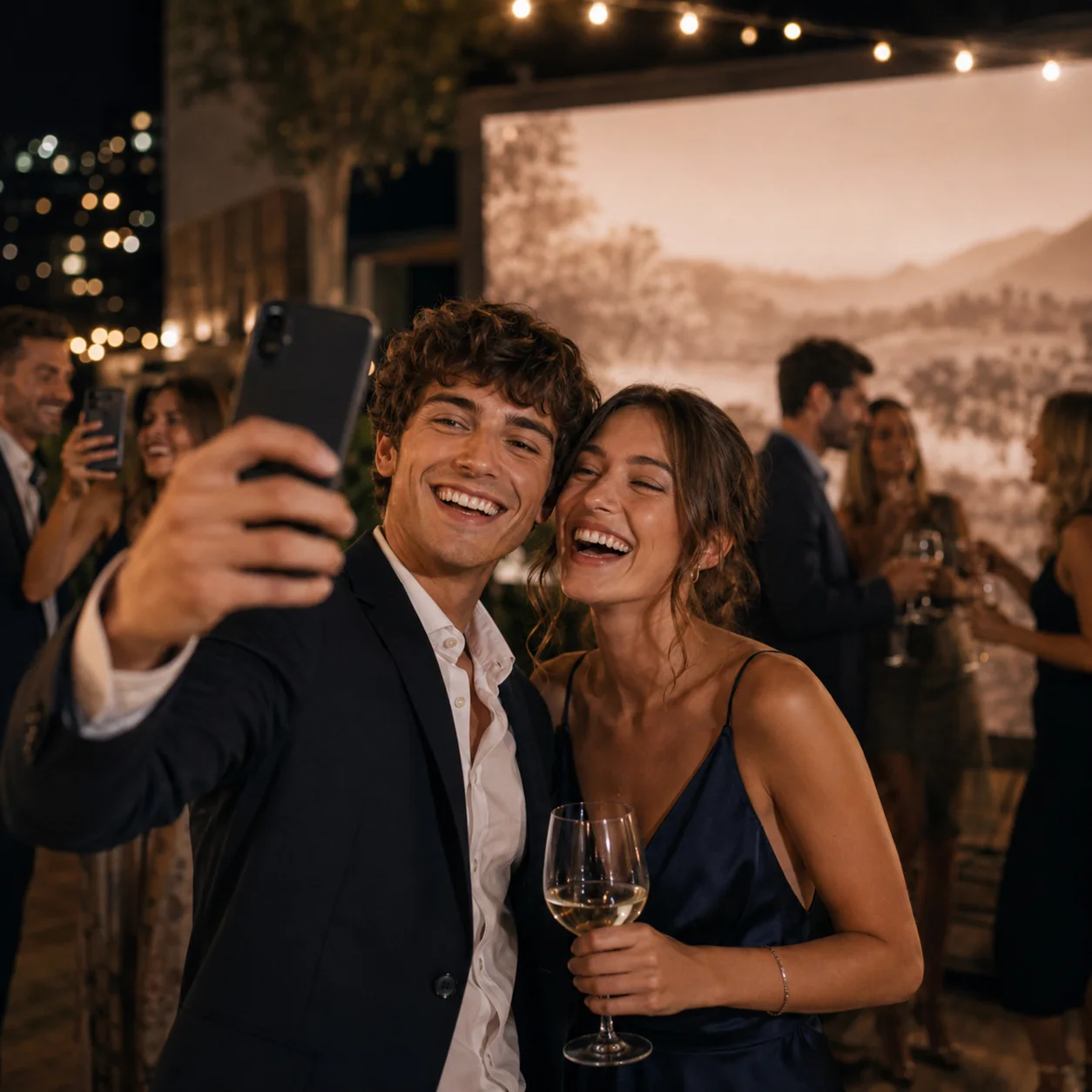 Gäste fotografieren gemeinsam mit ihren Smartphones.